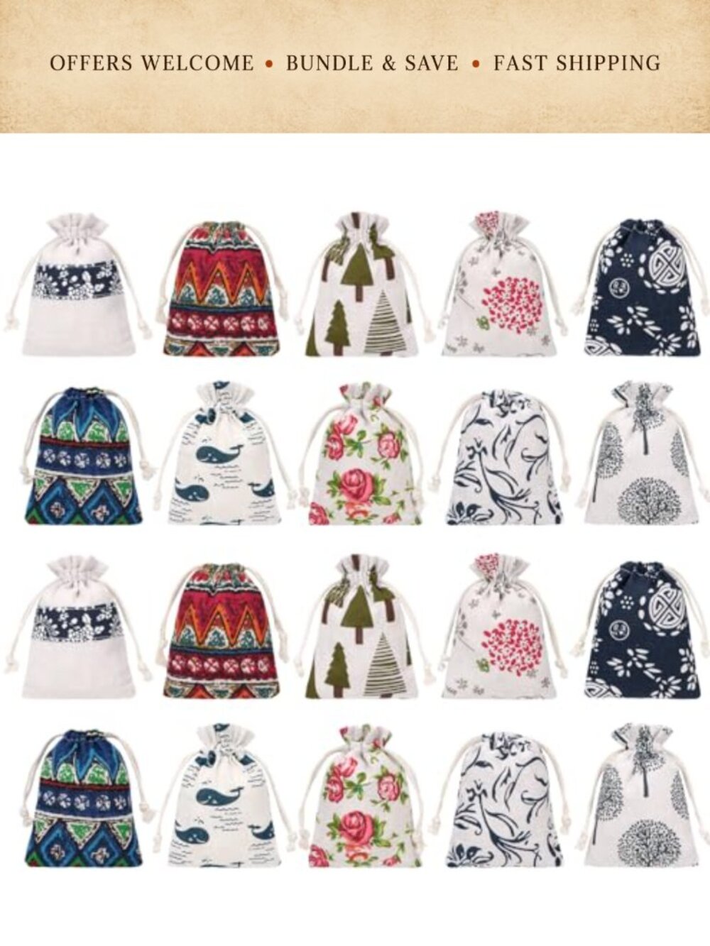 20 Pack Floral Print Drawstring Jewelry Pouch Bag Gift Bags Linen
